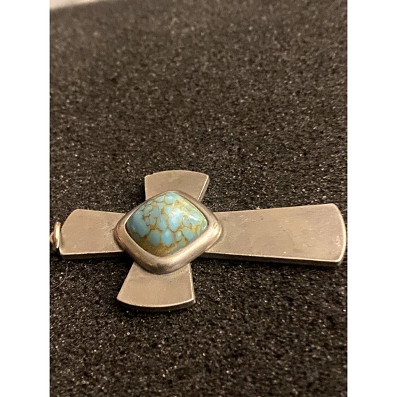 Vintage jorgen Jensen Cross Pendant Denmark Pewter Cross w/Turquoise stone - Picture 6 of 8